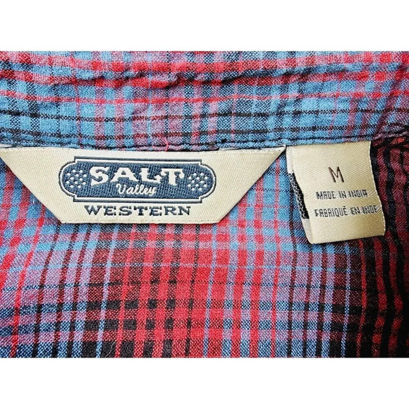 Salt Valley Size Medium Men's Red Black Blue Check Pearl Snap Long Sleeve Shirt - Picture 4 of 11